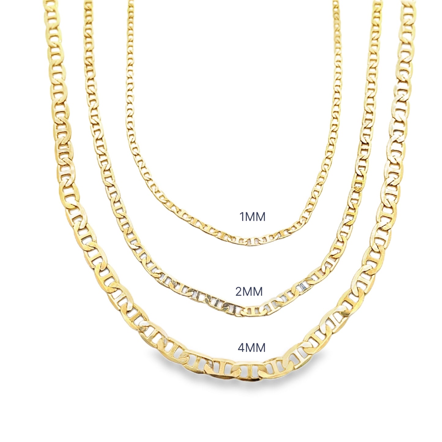 Three gold mariner link chains are displayed side by side, showcasing their 1mm, 2mm, and 4mm thicknesses.