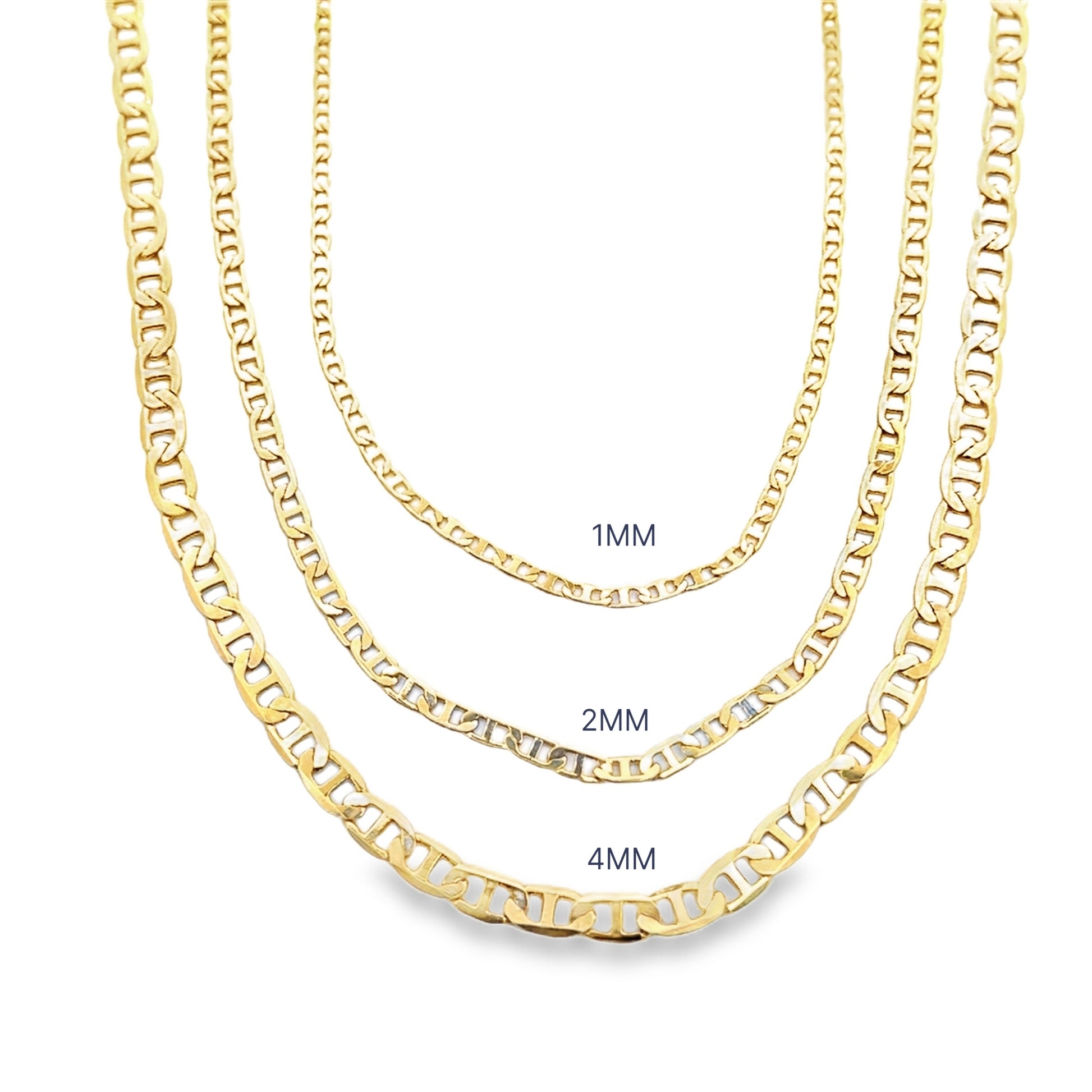 Three gold mariner link chains are displayed side by side, showcasing their 1mm, 2mm, and 4mm thicknesses.