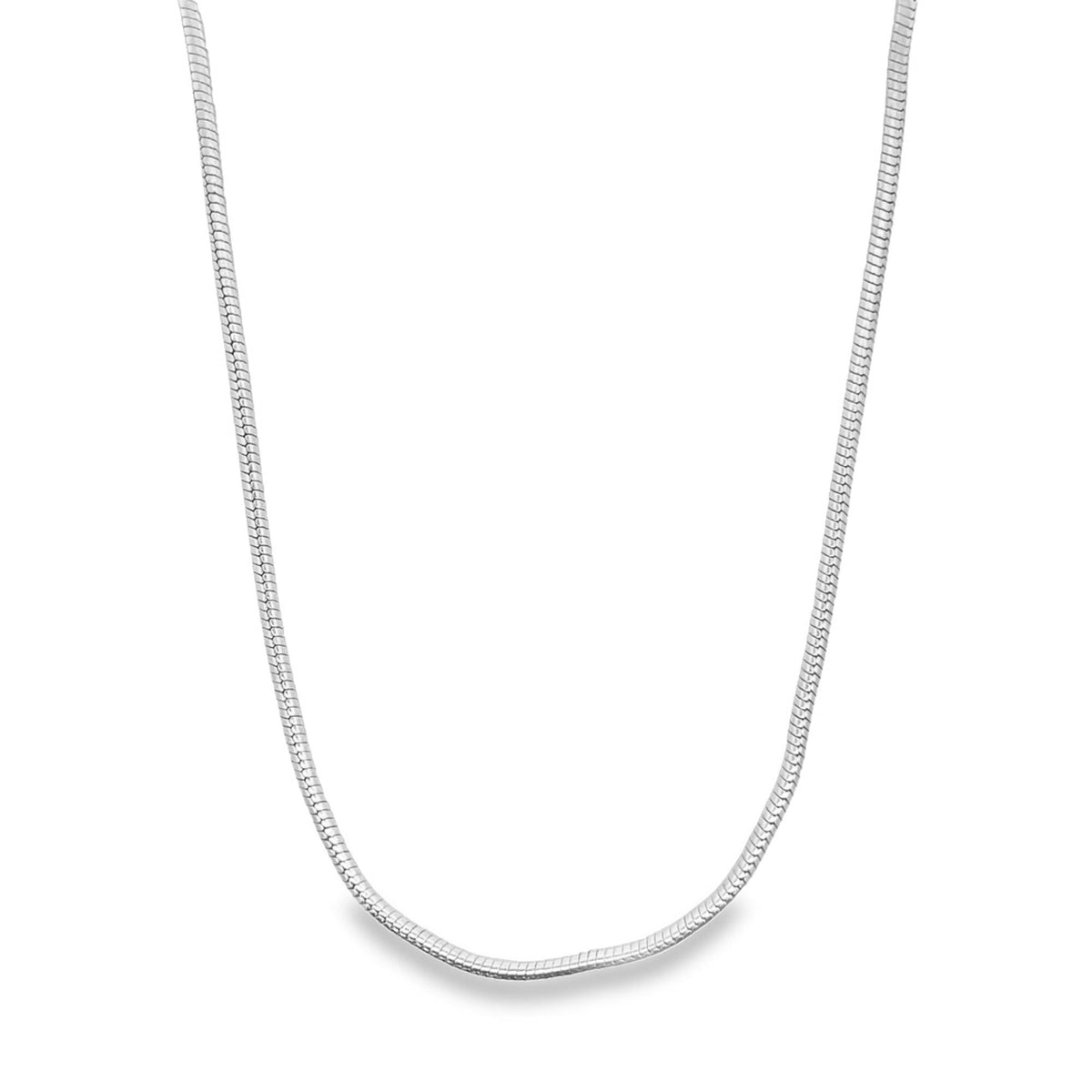 A sleek sterling silver snake chain necklace gracefully hangs against a clean white background.