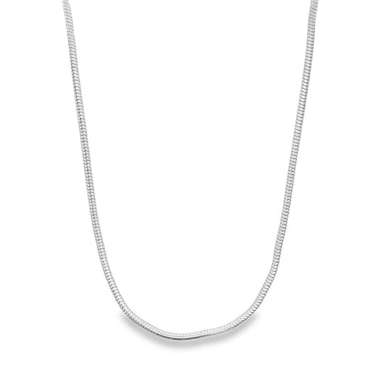 A gleaming silver snake chain necklace drapes gracefully against a clean white background.