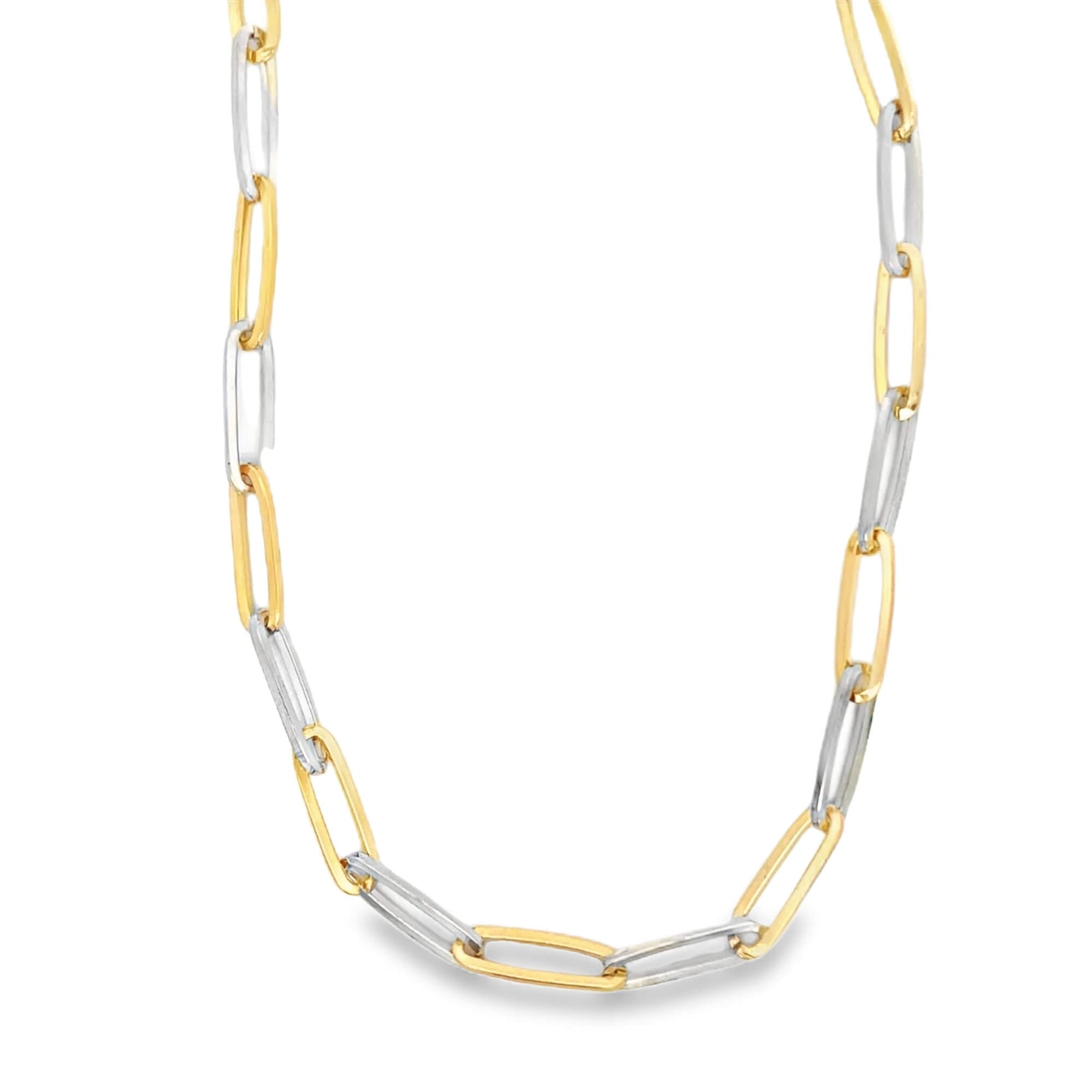 A two-tone paperclip chain necklace showcases interlocking links of yellow and white gold against a plain white background.