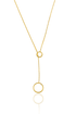 A delicate gold lariat necklace featuring two interconnected rings hangs vertically against a white background.