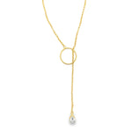 Elegant cable chain lariat necklace with circle detail and drop pendant. Minimalist Y necklace available in gold or silver. Perfect for layering or everyday wear.