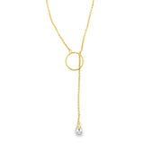 Elegant cable chain lariat necklace with circle detail and drop pendant. Minimalist Y necklace available in gold or silver. Perfect for layering or everyday wear.