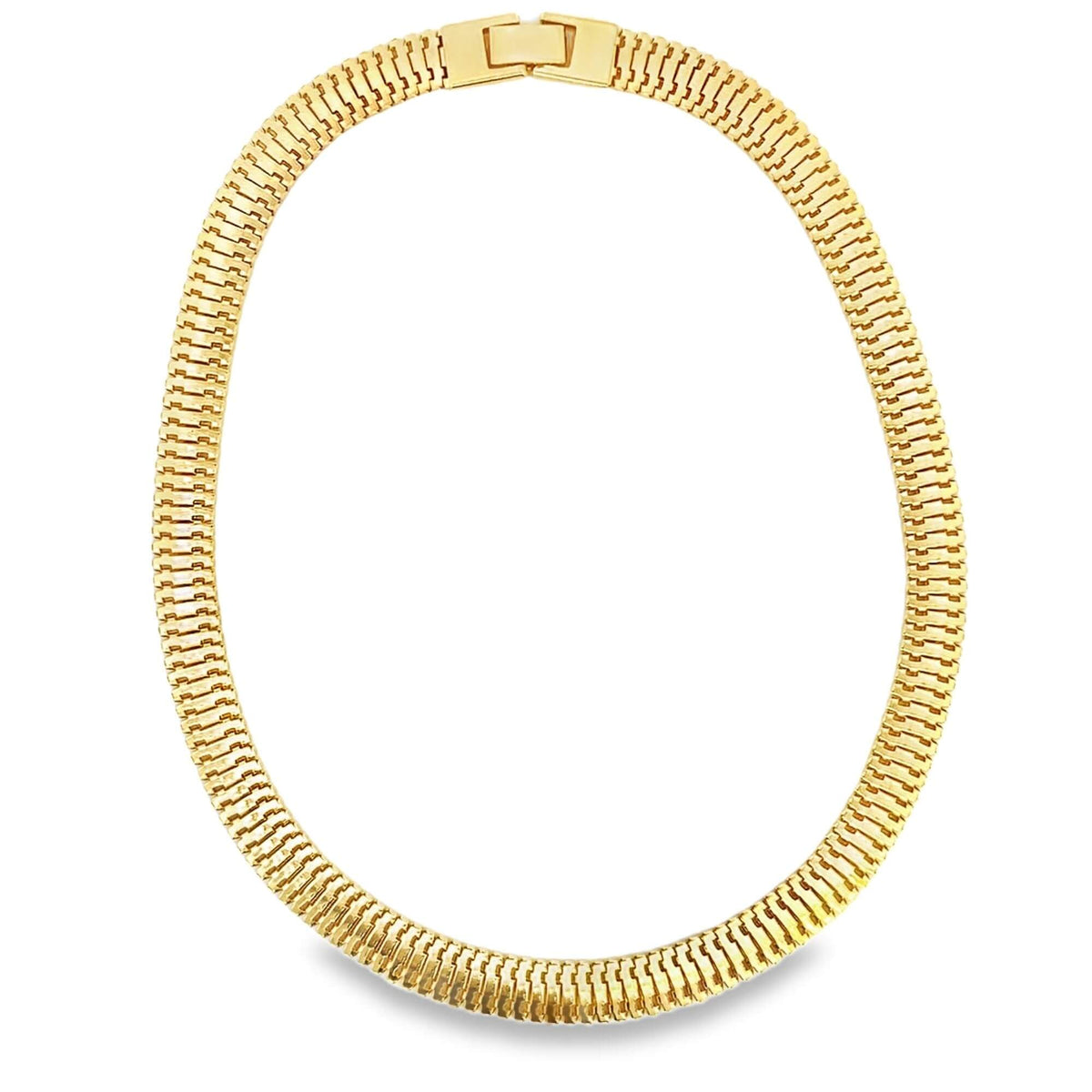 A wide gold chain necklace forms an oval shape with a visible clasp at the top.