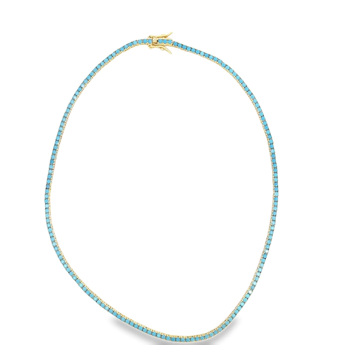 A delicate gold tennis necklace features a continuous strand of vibrant blue turquoise gemstones set against a clean white background.