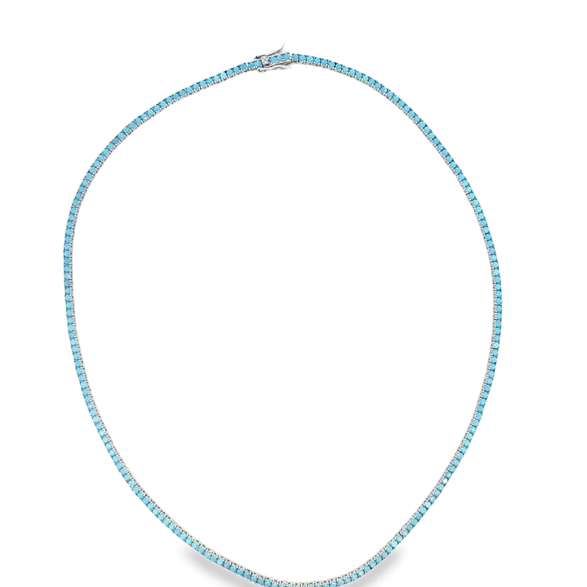 A stunning silver tennis necklace sparkles with vibrant turquoise stones arranged in a continuous, elegant circle against a clean white background.