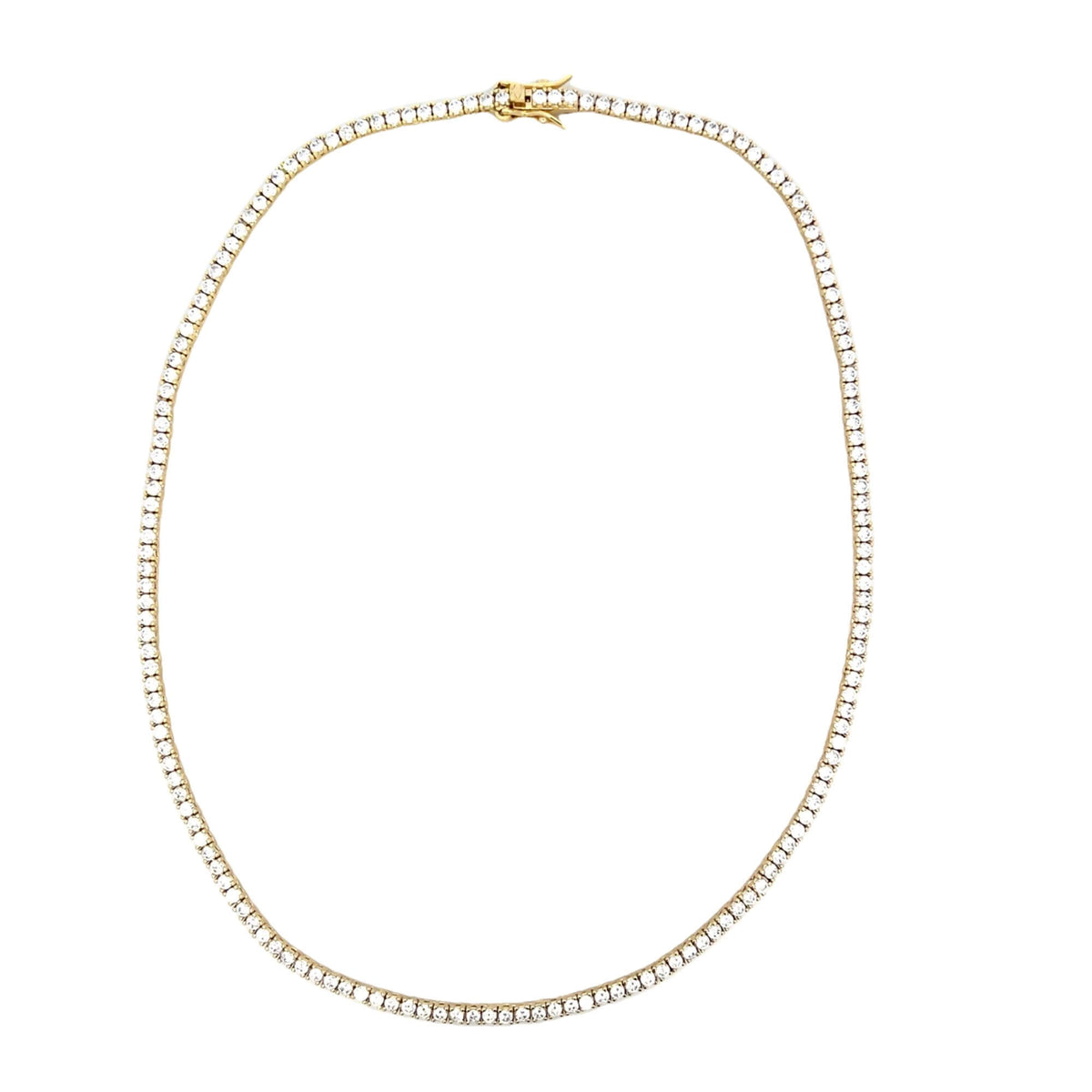 A sparkling gold tennis necklace with a continuous line of brilliant-cut diamonds lies in a smooth, circular loop against a clean white background.