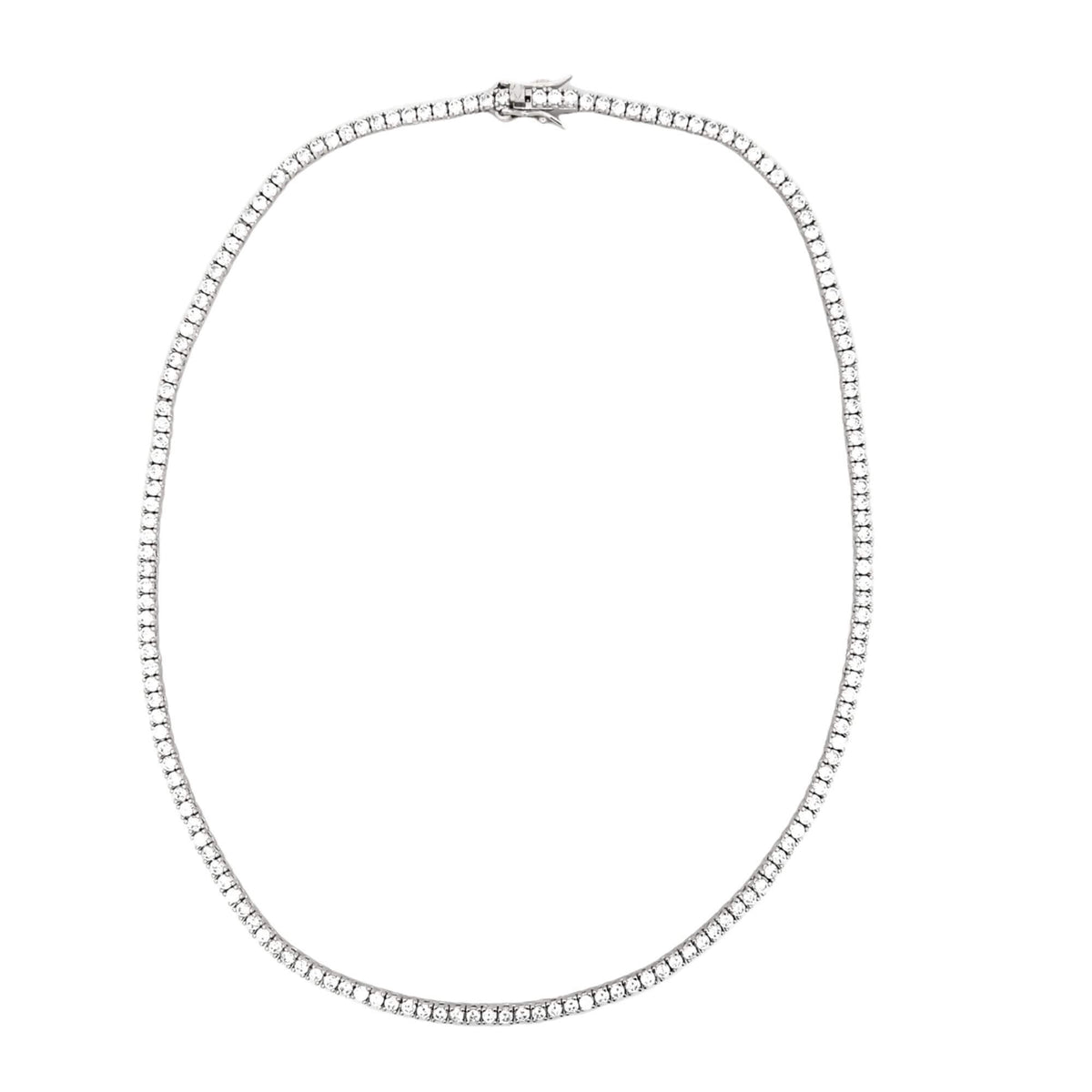 A sparkling diamond tennis necklace rests in an oval loop against a clean white background.