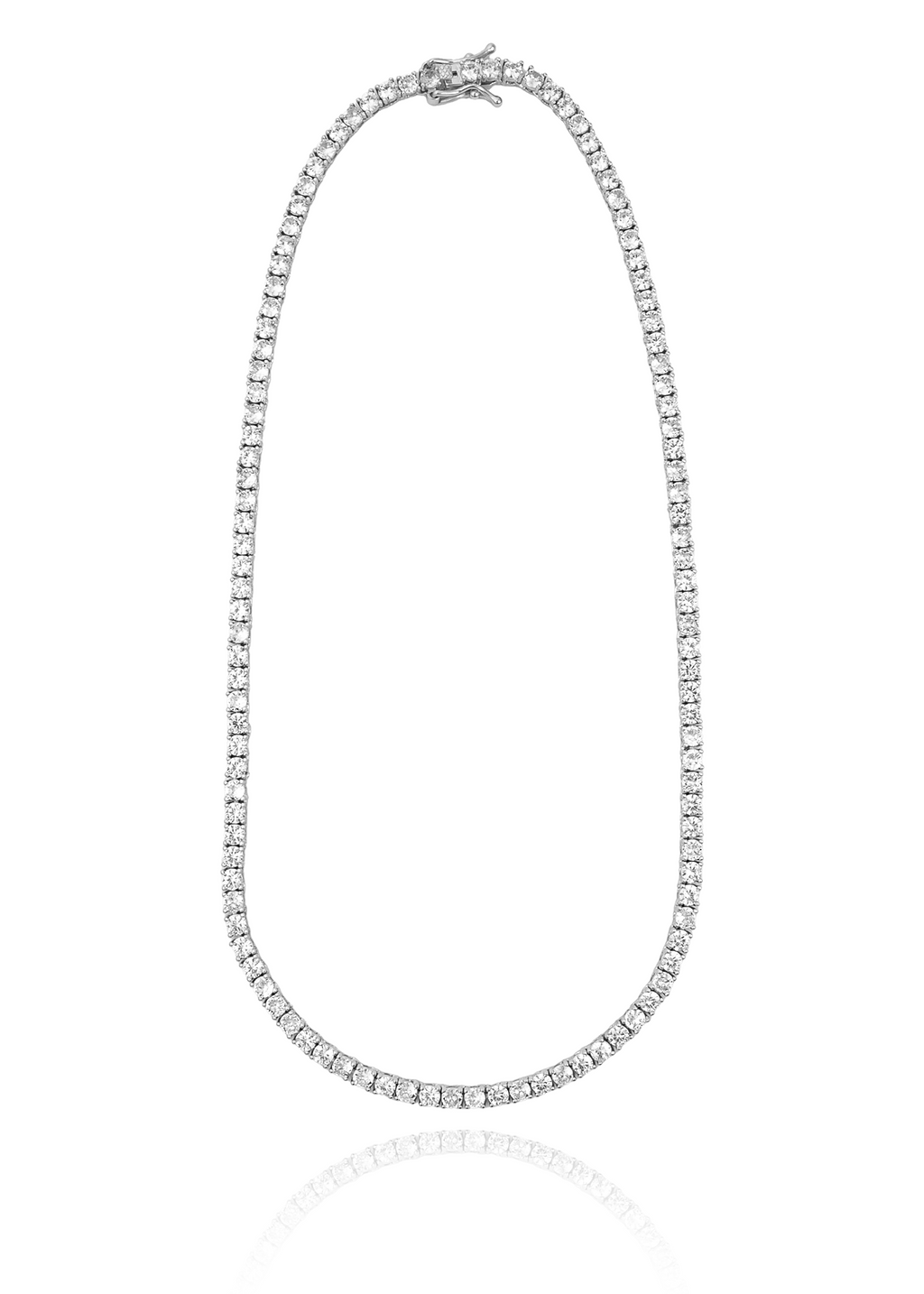 A sparkling diamond tennis necklace rests against a clean white background, showcasing its continuous line of brilliant-cut stones and secure clasp.