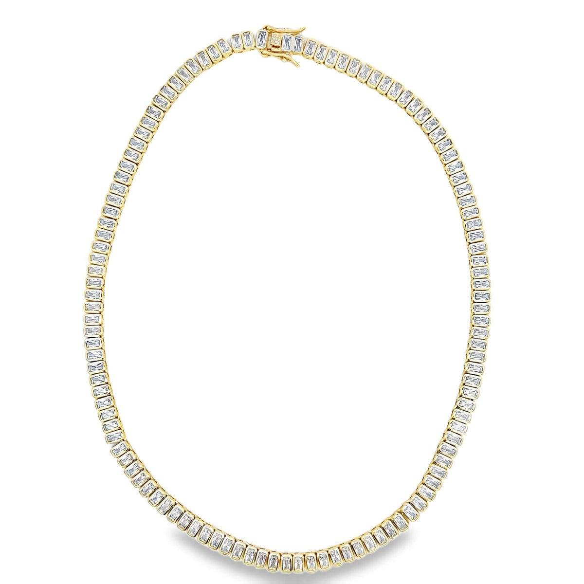 A gold tennis necklace features a continuous strand of sparkling baguette-cut diamonds in a secure prong setting.