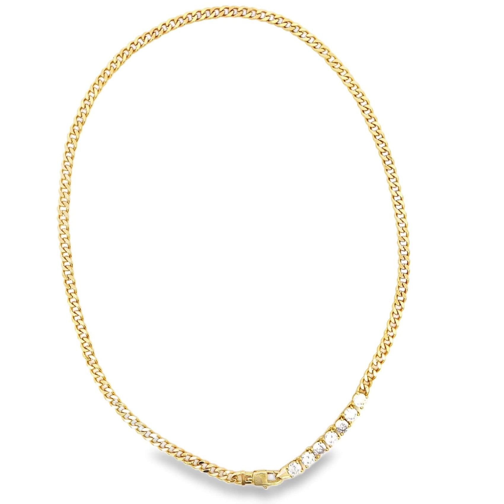 A gold cuban link necklace features a striking section of sparkling diamond stones near the clasp.