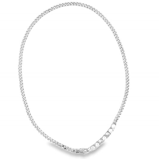 A silver cuban link chain necklace displays a sparkling row of round-cut diamonds near its clasp.