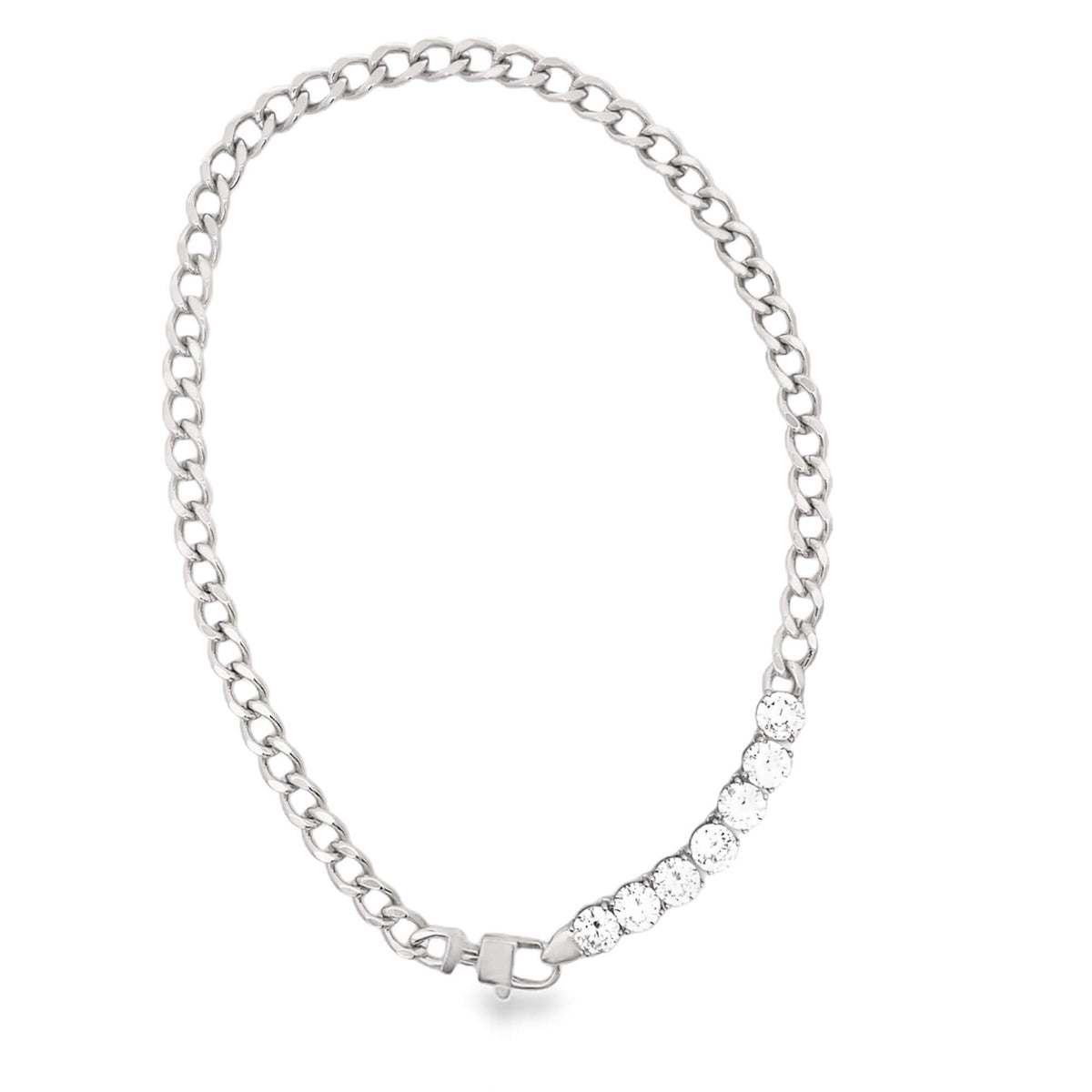 A sterling silver curb chain necklace features a graduated row of sparkling cubic zirconia stones set along one side.