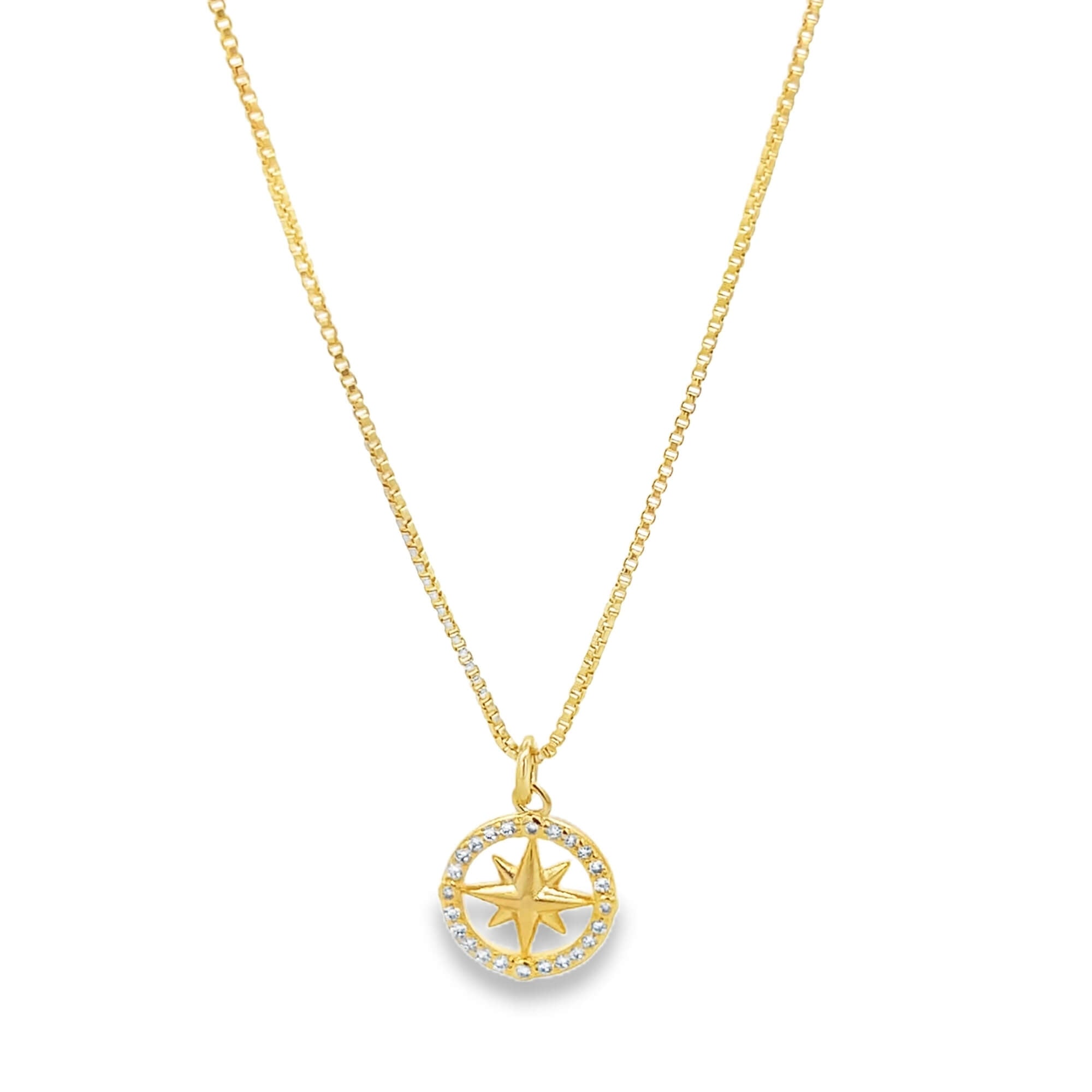 Gold necklace with a star-shaped pendant on a white background