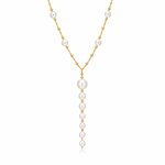 Elegant graduated pearl bead lariat necklace crafted in 18K Gold Filled. Features a timeless Y-shaped design with cascading pearl beads and polished gold accents.