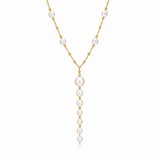 Elegant graduated pearl bead lariat necklace crafted in 18K Gold Filled. Features a timeless Y-shaped design with cascading pearl beads and polished gold accents.