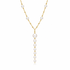 A delicate gold lariat necklace features a vertical drop of graduated white pearls interspersed with tiny gold beads against a clean white background.