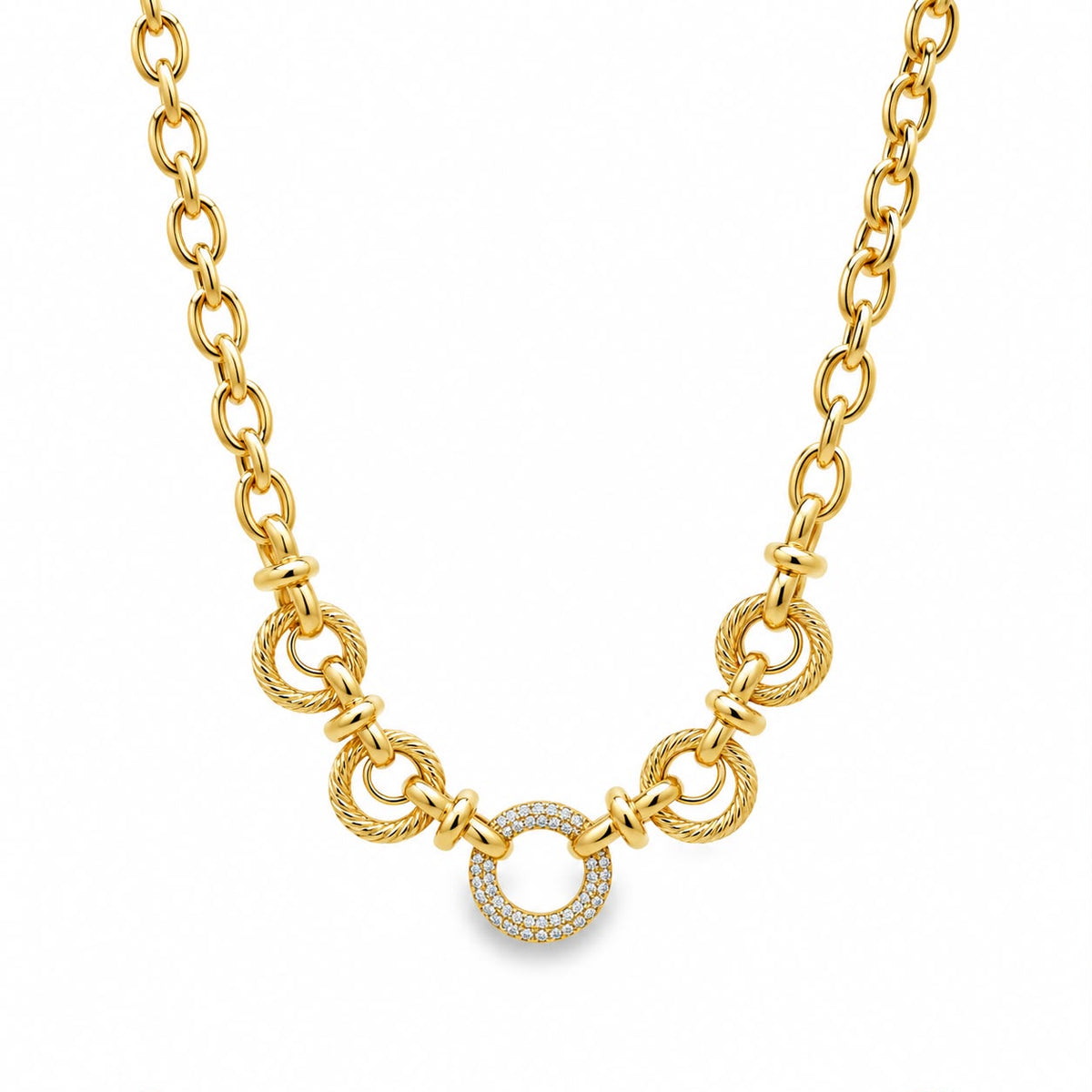 Shop a modern textured circle link necklace featuring a pavé CZ centerpiece. Available in 18K Gold Filled and Rhodium Filled finishes for an elegant statement look.