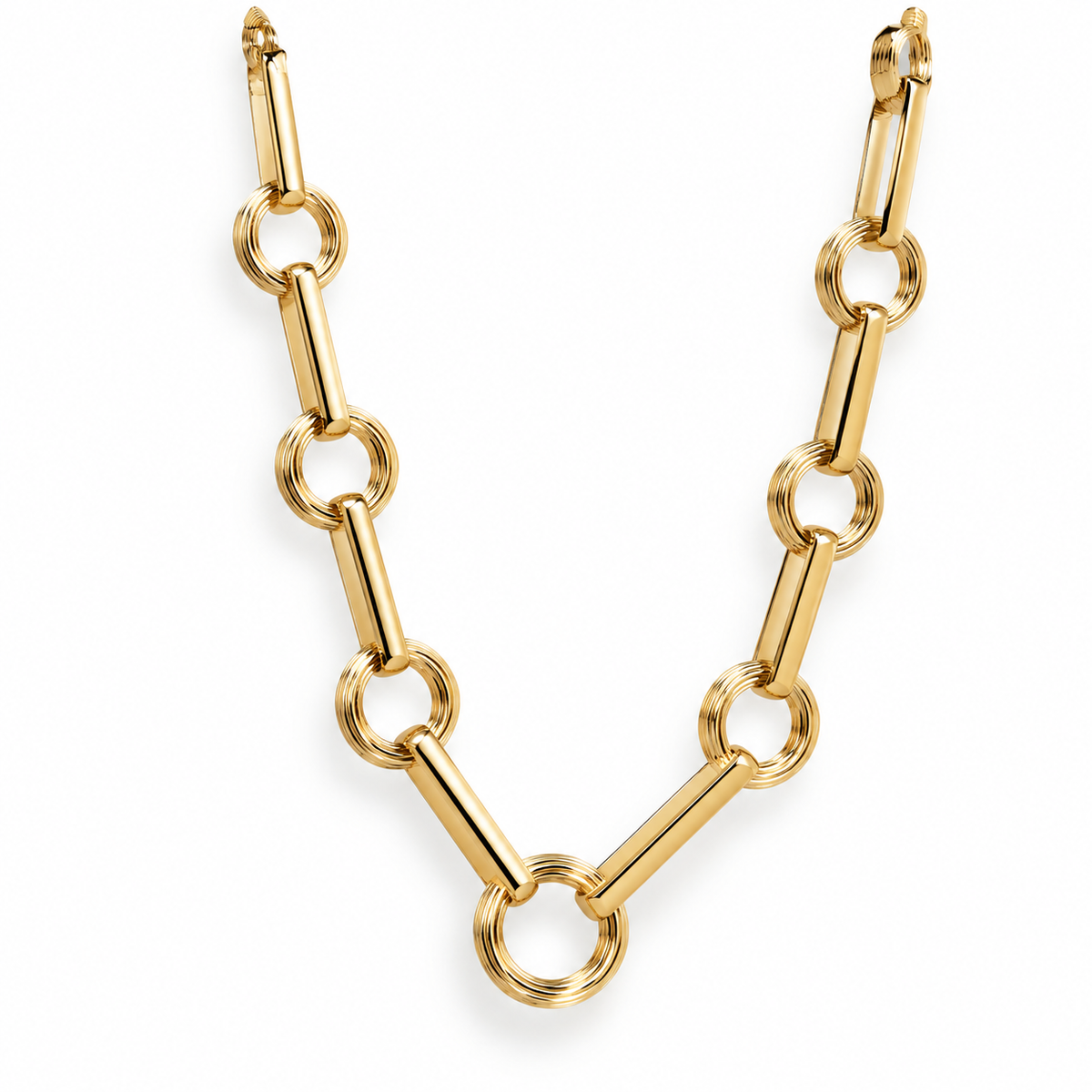 Shop the Thick Round & Rectangular Link Necklace featuring bold mixed-shape links and a polished finish. Available in 18K Gold Filled and Silver Laminated.