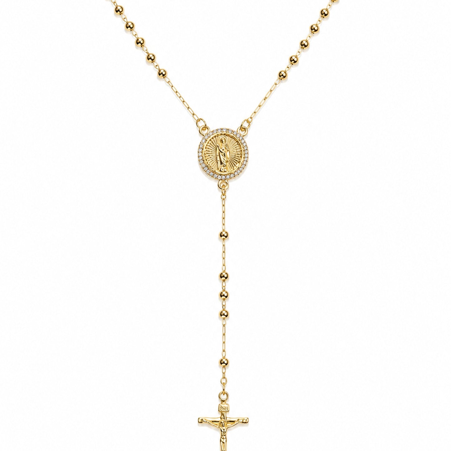 Elegant Saint Jude rosary necklace crafted in 18K gold filled finish with CZ accents and cross pendant. A timeless Catholic-inspired lariat necklace perfect for everyday wear and meaningful gifting.