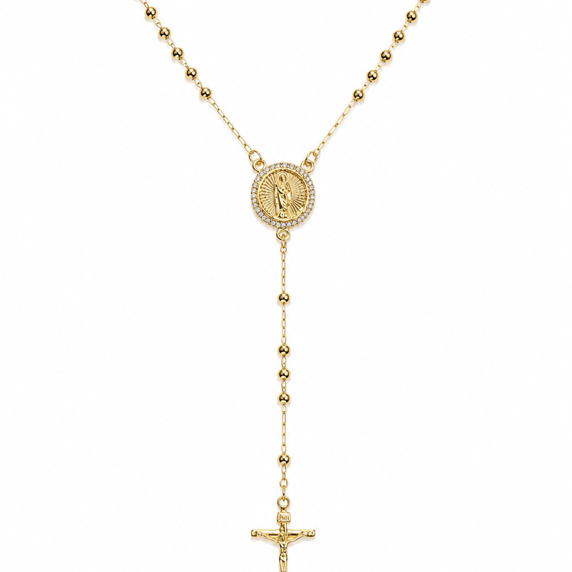 Elegant Saint Jude rosary necklace crafted in 18K gold filled finish with CZ accents and cross pendant. A timeless Catholic-inspired lariat necklace perfect for everyday wear and meaningful gifting.
