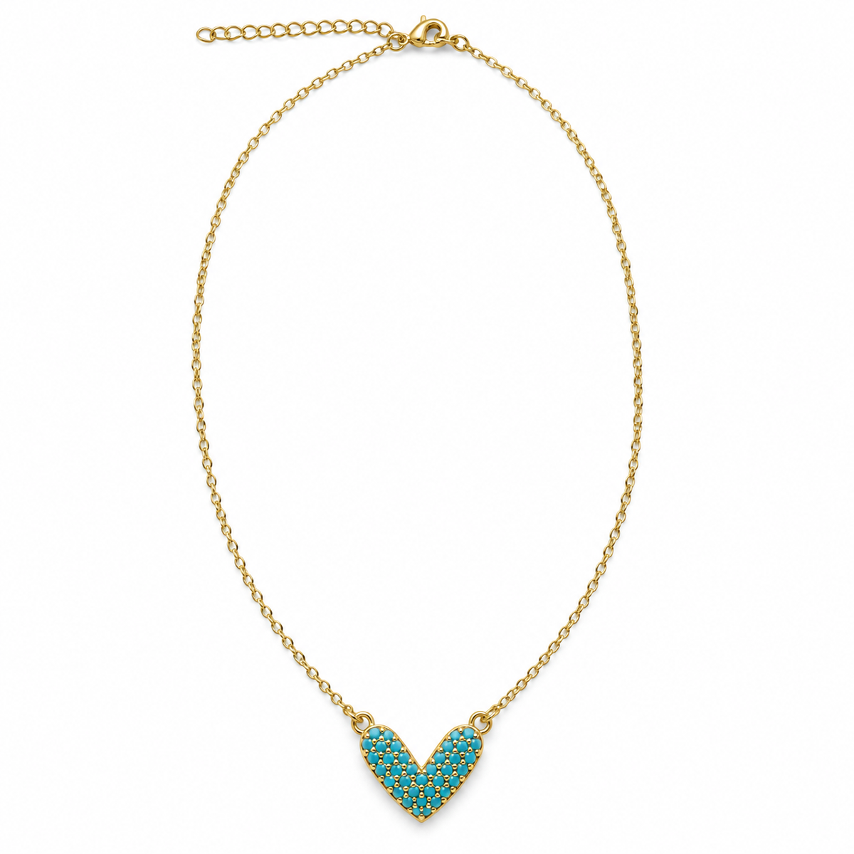 Shop elegant 18K Gold Filled heart jewelry in Clear or Turquoise. Choose from heart stud earrings or a delicate choker necklace. Sold separately.