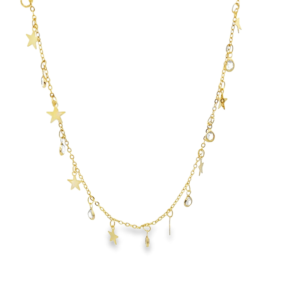 A delicate gold chain necklace drapes against a white background, featuring dangling star charms and sparkling crystal accents.