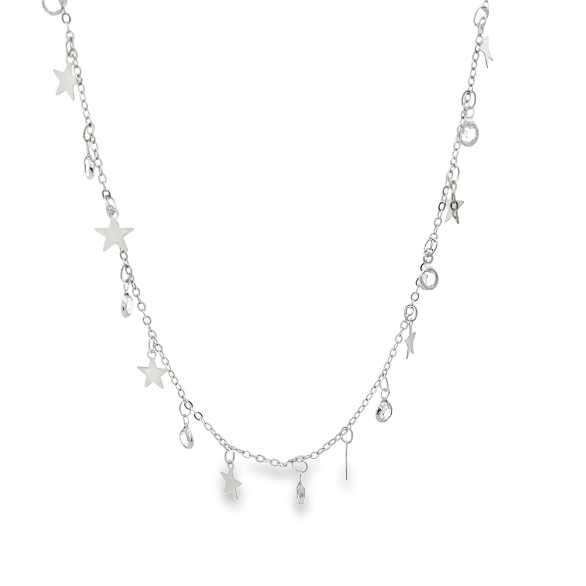 A delicate silver star-charm necklace sparkles against a clean white background.