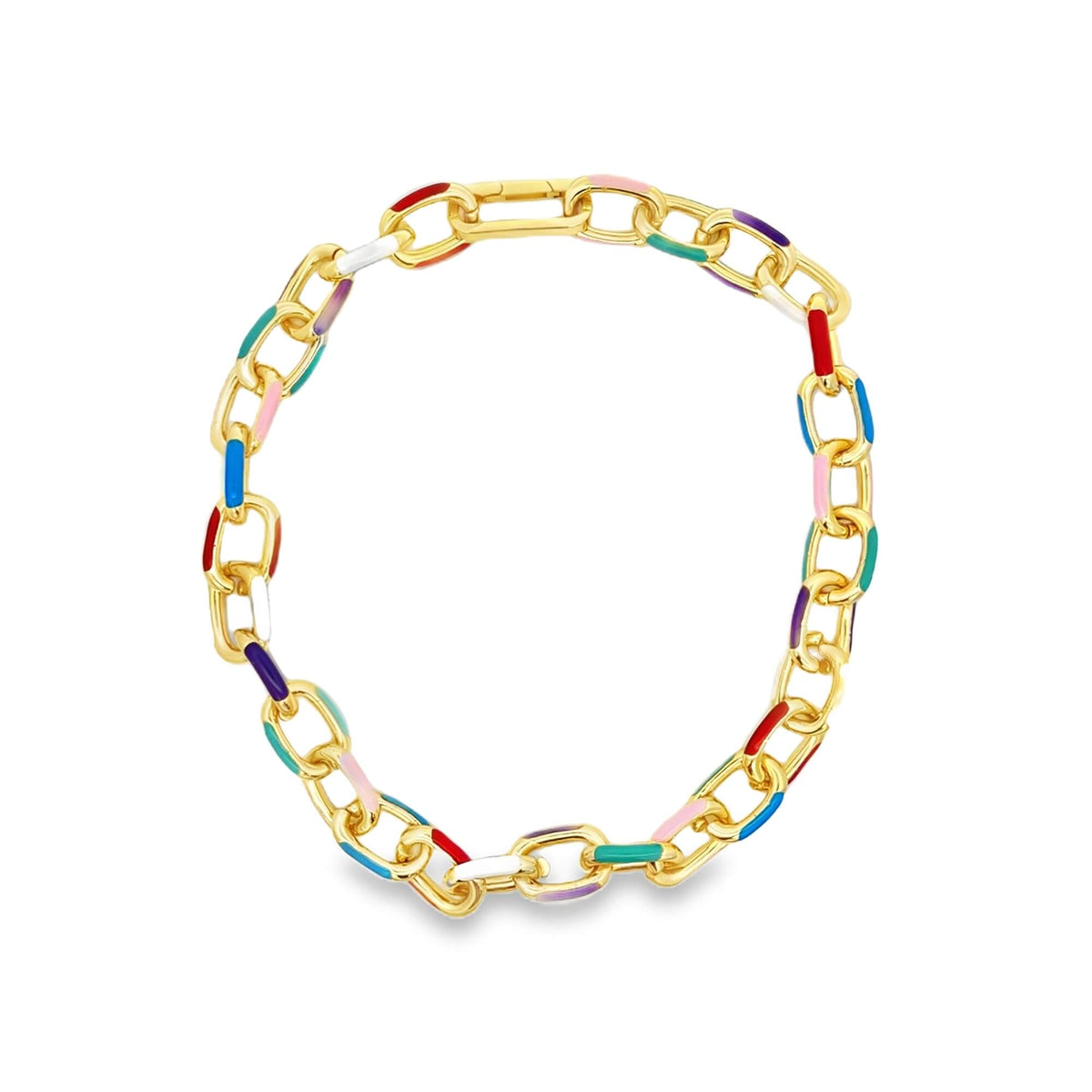 A vibrant gold chain necklace features alternating links decorated with colorful enamel accents.