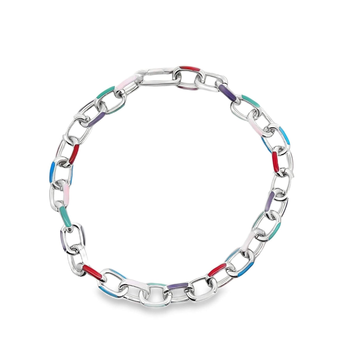 A chunky silver link necklace features colorful enamel accents in shades of red, blue, green, purple, and pink.