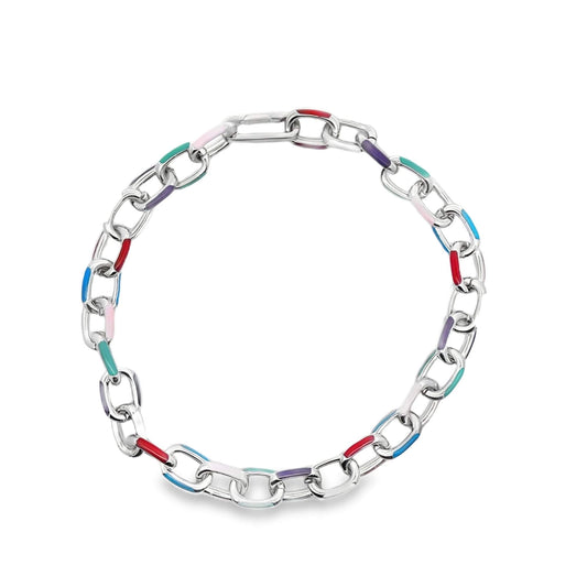 A chunky silver link necklace features colorful enamel accents in shades of red, blue, green, purple, and pink.