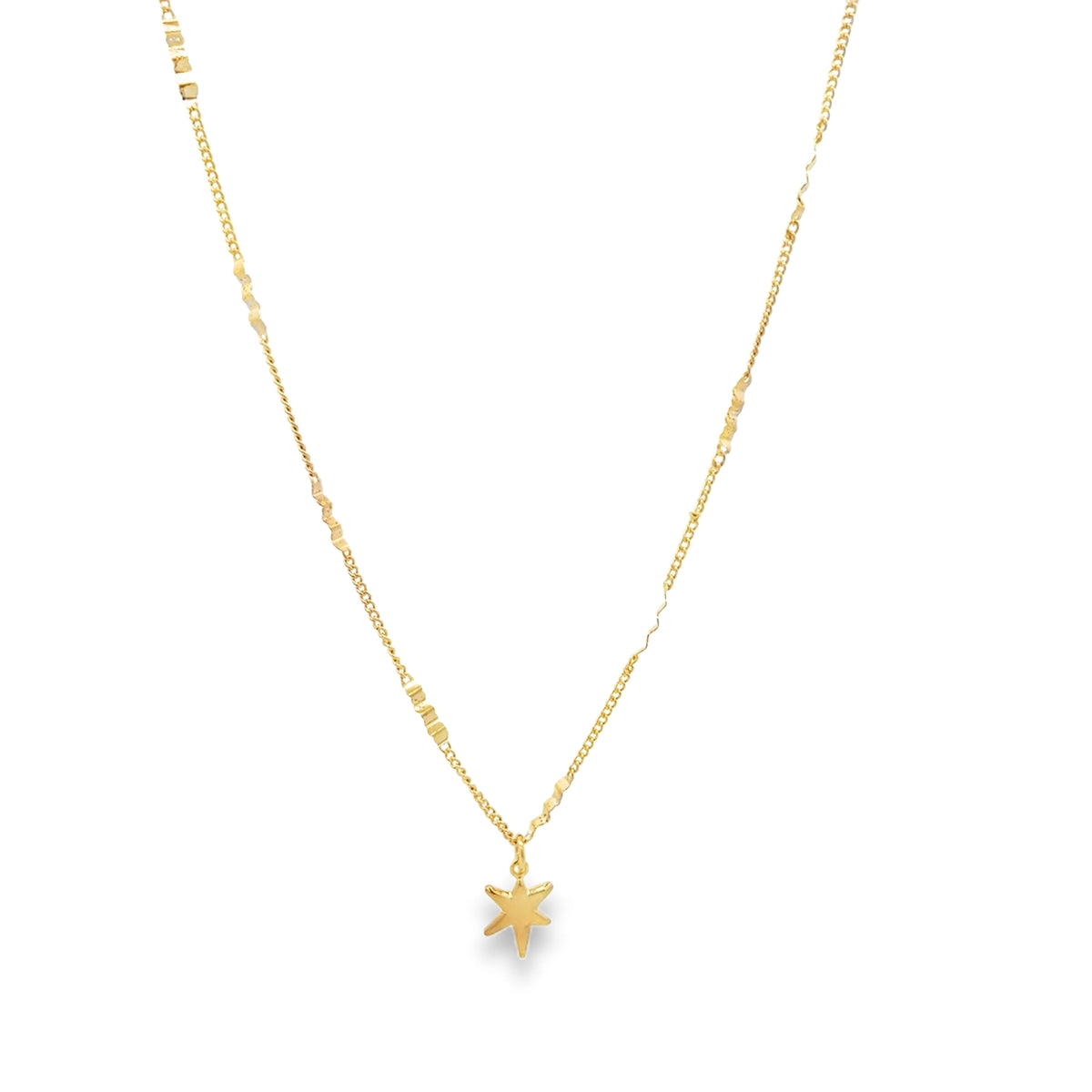 A delicate gold chain necklace features a polished star pendant centered against a clean white background.