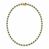 Elegant 3mm CZ tennis necklace with alternating colored and clear bezel stones. Available in gold filled and silver-tone finishes. Perfect for layering or everyday luxury styling.