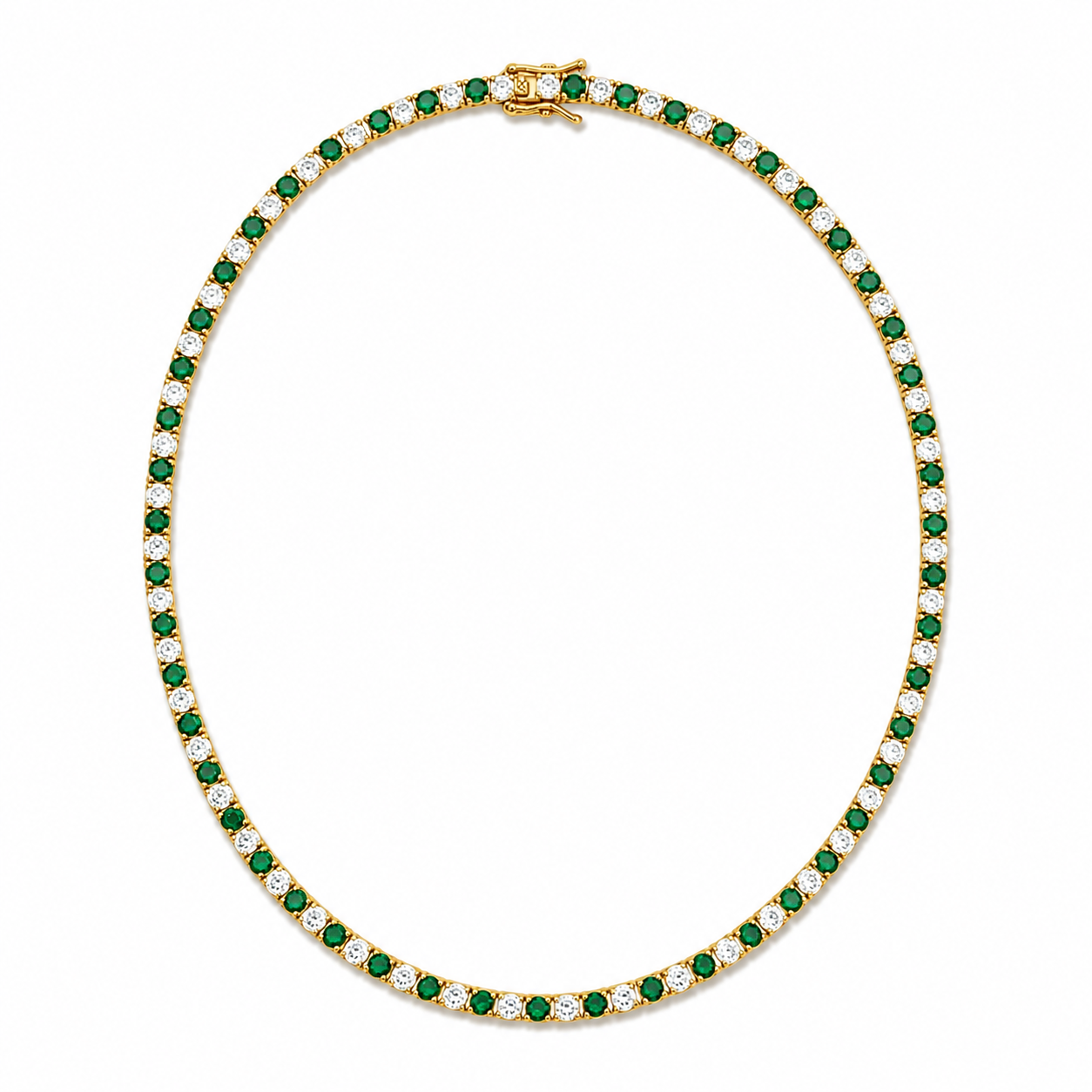 Elegant 3mm CZ tennis necklace with alternating colored and clear bezel stones. Available in gold filled and silver-tone finishes. Perfect for layering or everyday luxury styling.