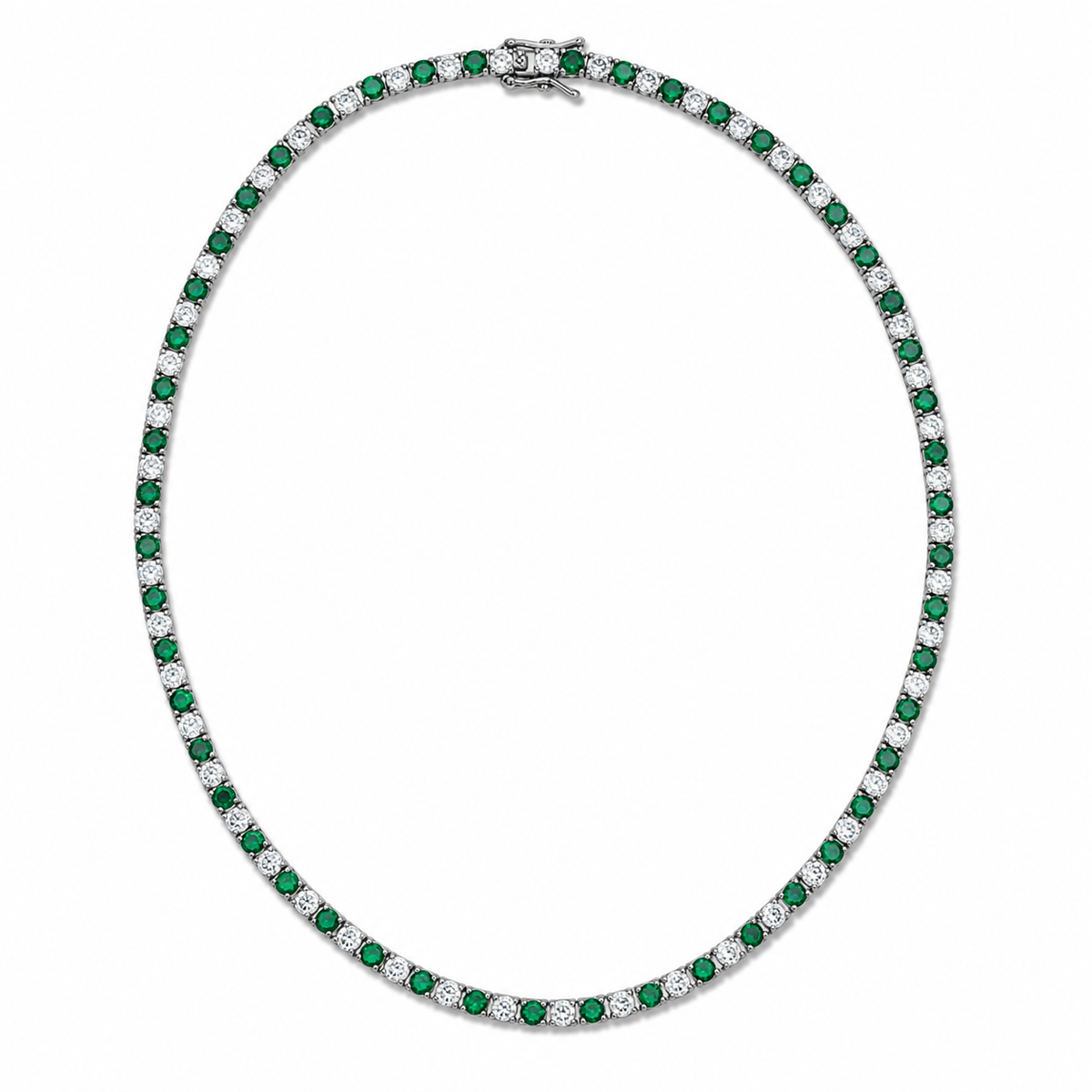 Elegant 3mm CZ tennis necklace with alternating colored and clear bezel stones. Available in gold filled and silver-tone finishes. Perfect for layering or everyday luxury styling.