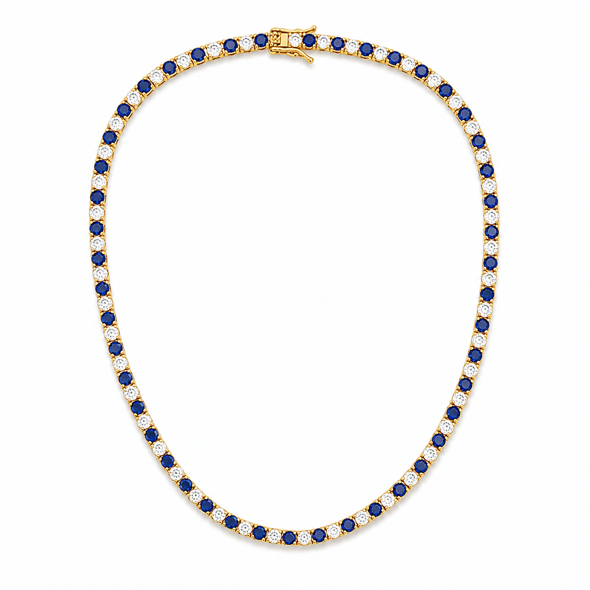 Elegant 3mm CZ tennis necklace with alternating colored and clear bezel stones. Available in gold filled and silver-tone finishes. Perfect for layering or everyday luxury styling.