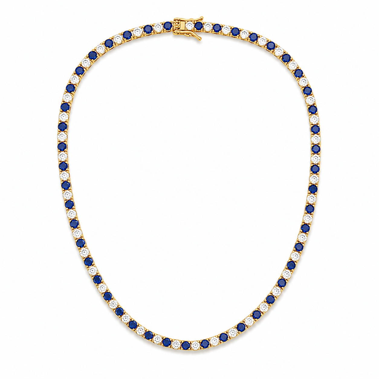 Elegant 3mm CZ tennis necklace with alternating colored and clear bezel stones. Available in gold filled and silver-tone finishes. Perfect for layering or everyday luxury styling.