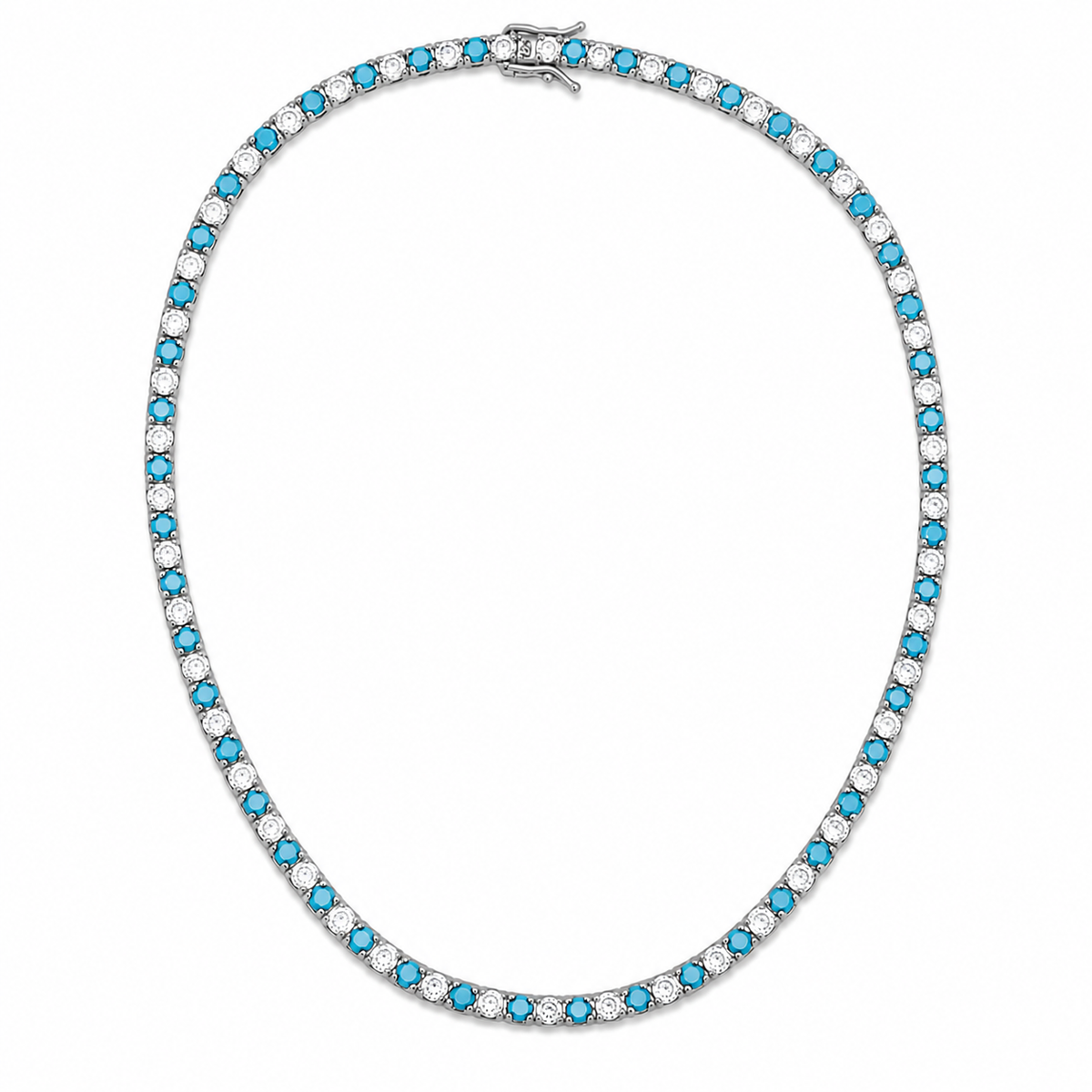 Elegant 3mm CZ tennis necklace with alternating colored and clear bezel stones. Available in gold filled and silver-tone finishes. Perfect for layering or everyday luxury styling.
