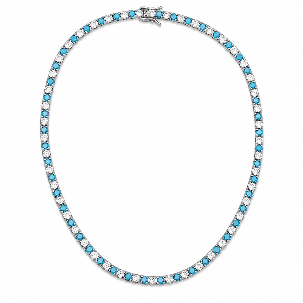 Elegant 3mm CZ tennis necklace with alternating colored and clear bezel stones. Available in gold filled and silver-tone finishes. Perfect for layering or everyday luxury styling.