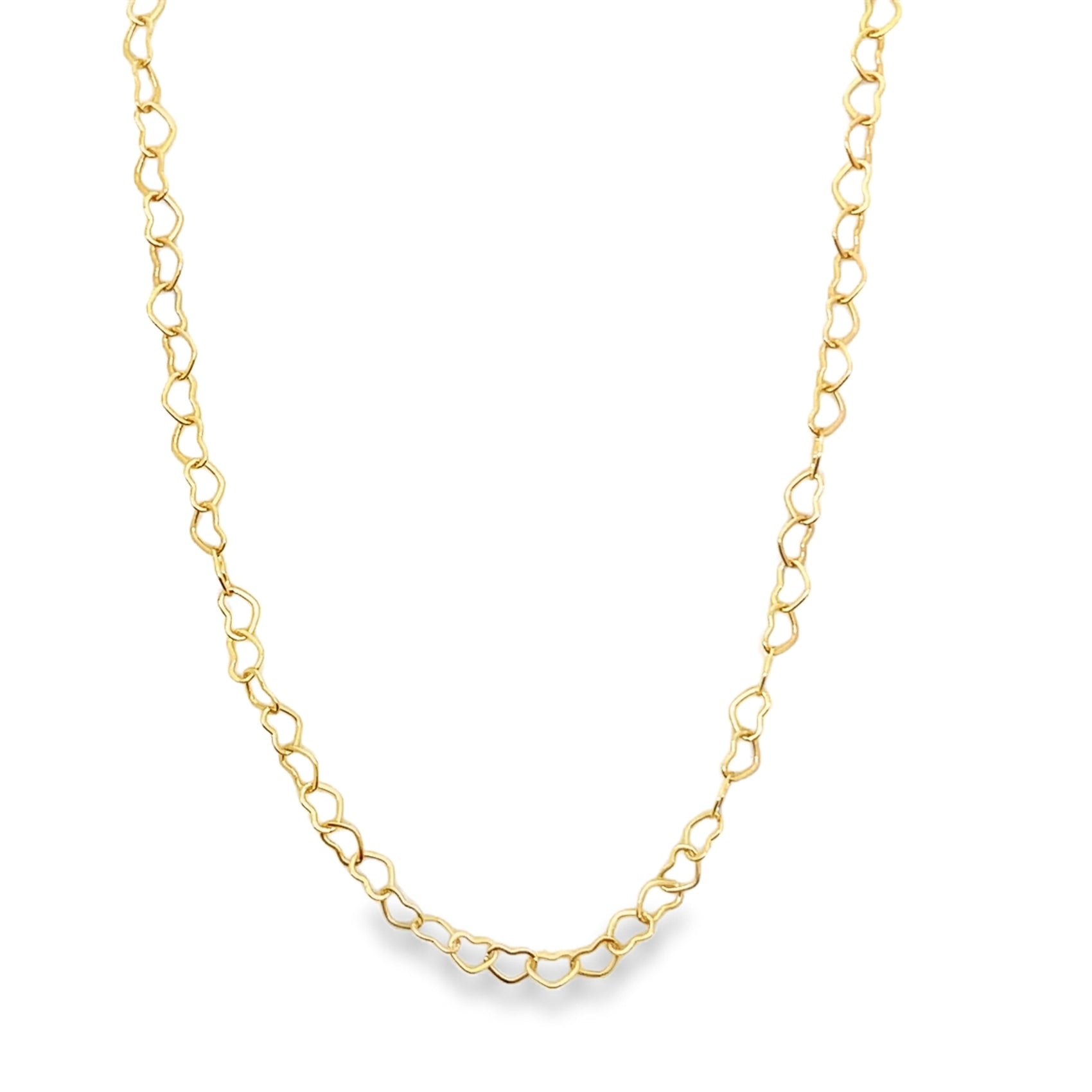 A delicate gold chain necklace features interlocking heart-shaped links against a clean white background.