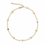 Elegant 18K Gold Filled station necklace featuring polished coin discs and round synthetic pearls. Lightweight, timeless and perfect for layering or everyday wear.