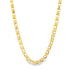 A shiny gold chain necklace features interlocking geometric square links against a clean white background.