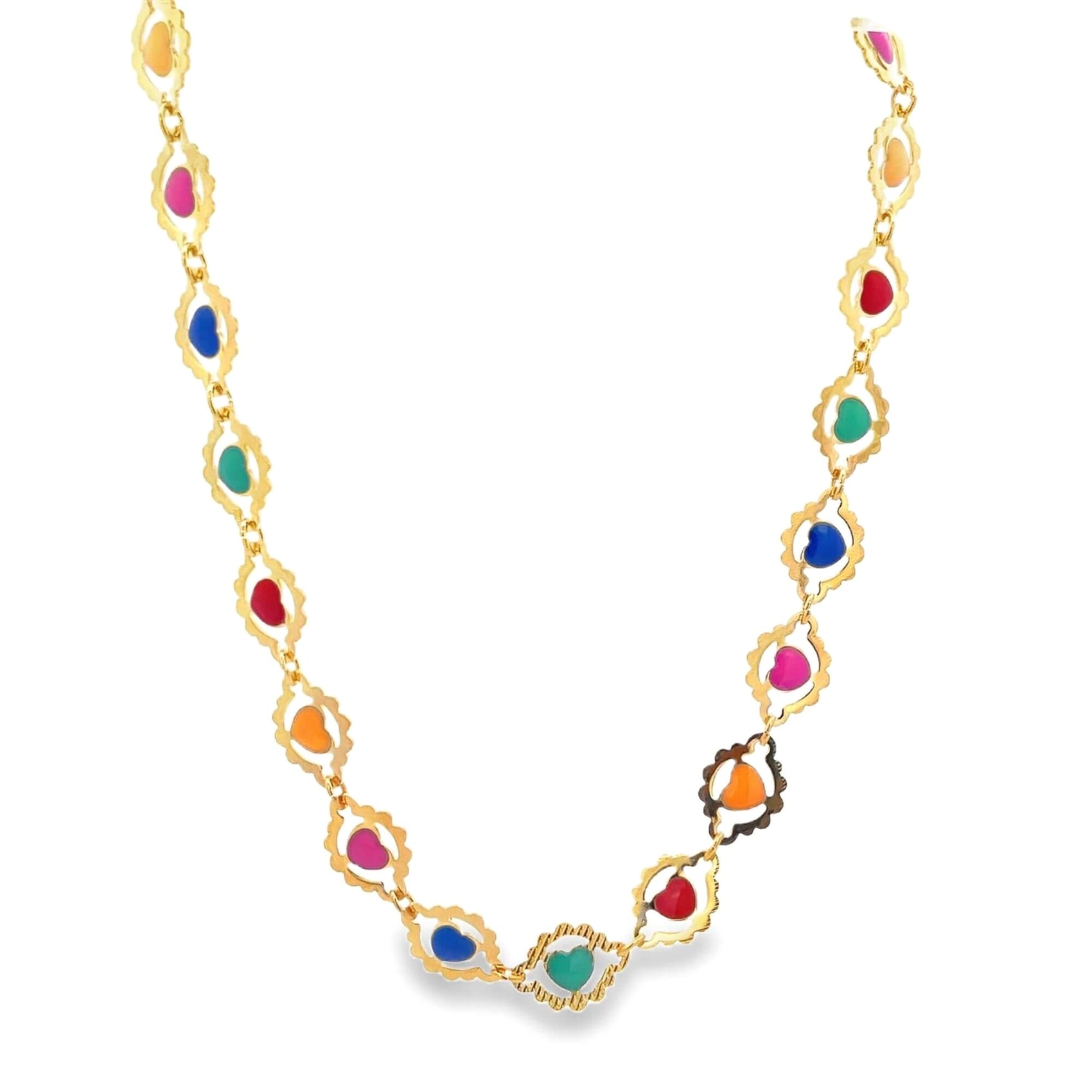 A delicate gold chain necklace features a series of vibrant multi-colored enamel heart charms spaced evenly along the length.