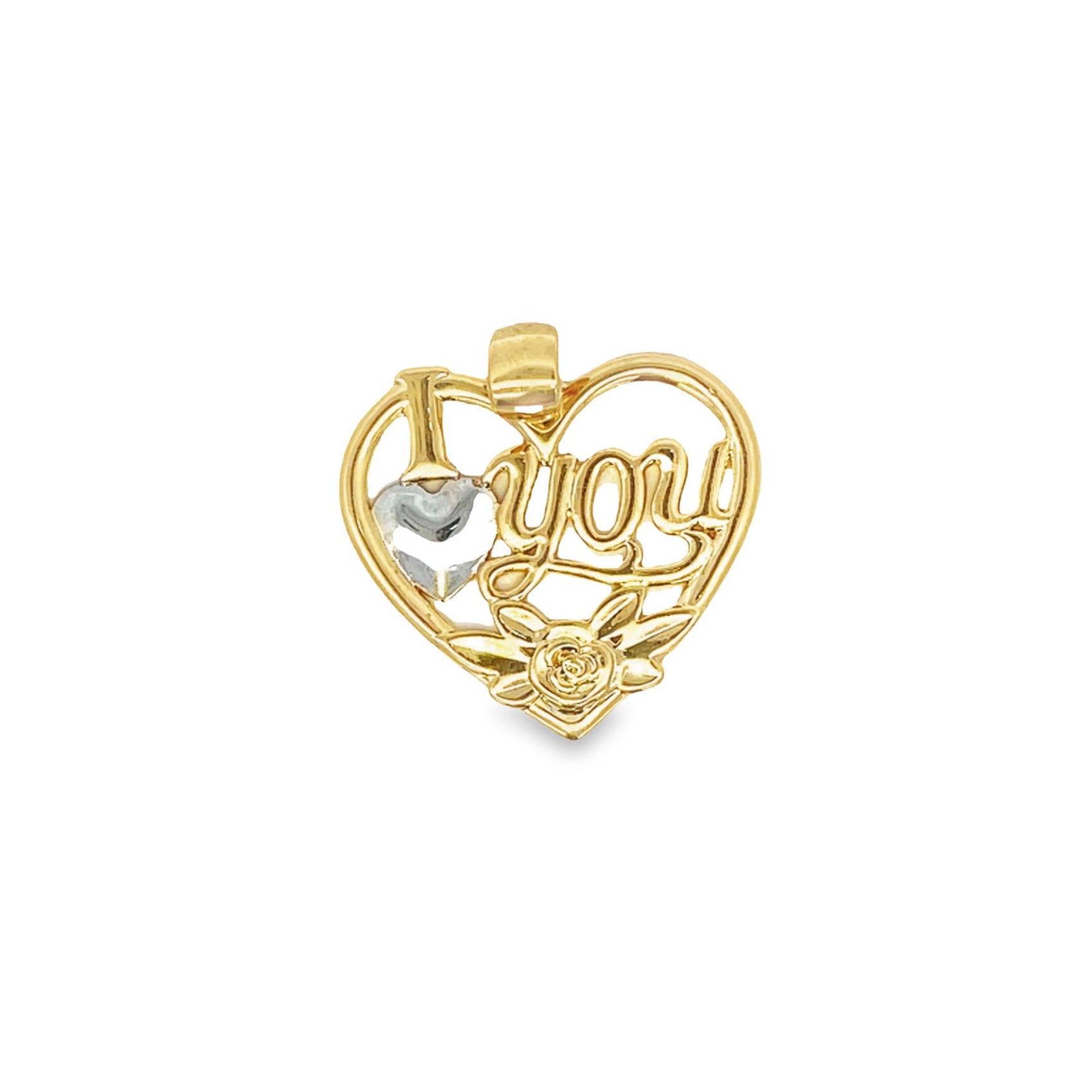 A gold and white gold heart-shaped pendant features the cut-out words "I love you" alongside a detailed rose flower at the bottom.