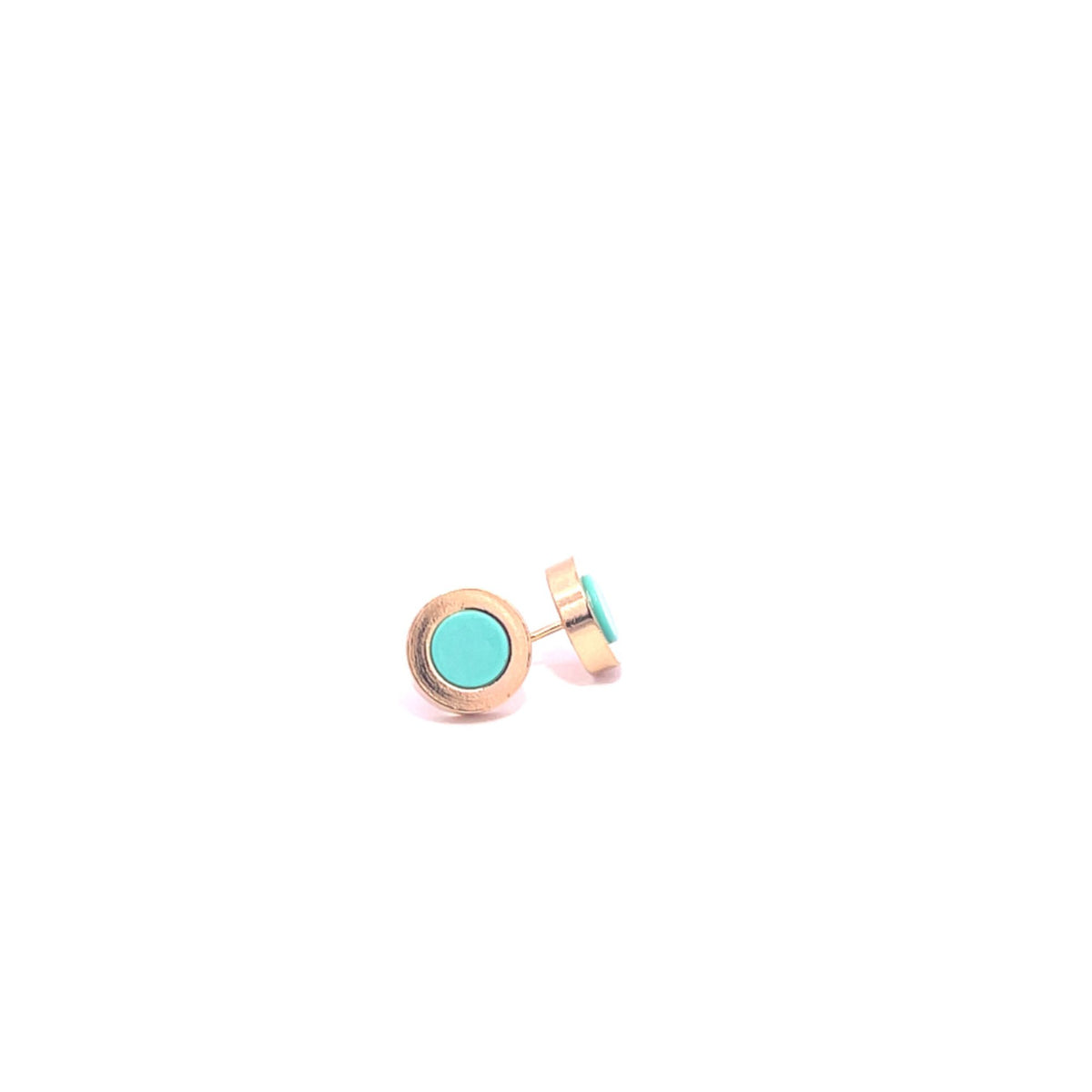 A pair of round gold-rimmed stud earrings featuring vibrant turquoise stones rests against a clean white background.