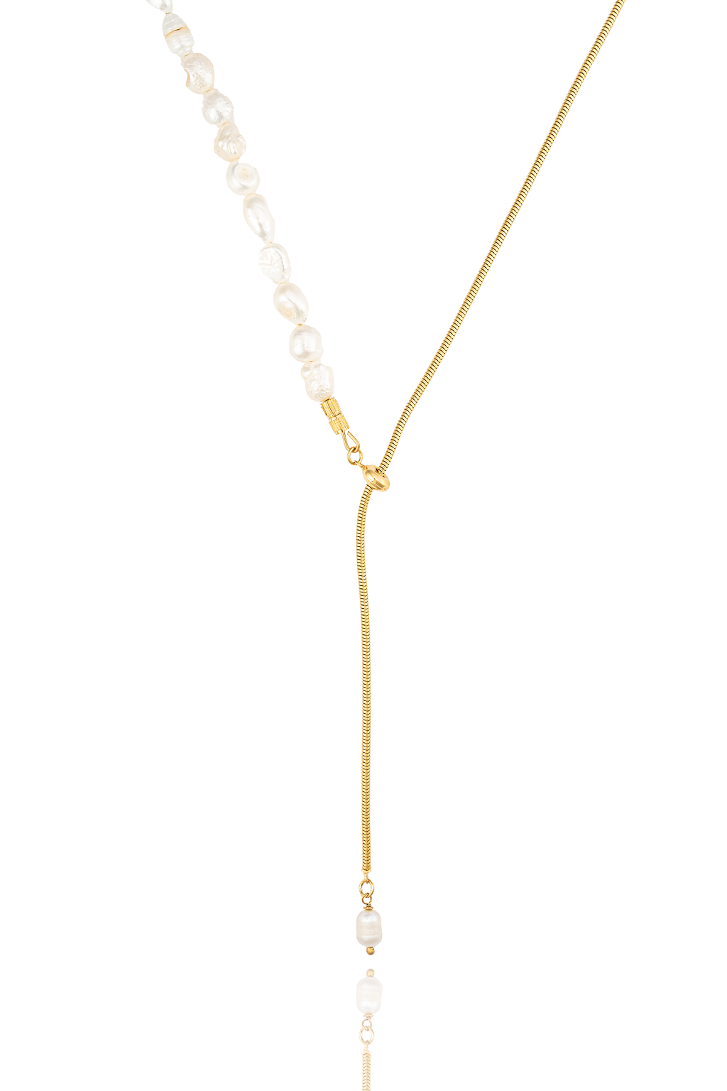 A gold-plated y-necklace combines a strand of asymmetric baroque freshwater pearls with a delicate snake chain.