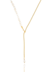 A gold-plated y-necklace combines a strand of asymmetric baroque freshwater pearls with a delicate snake chain.