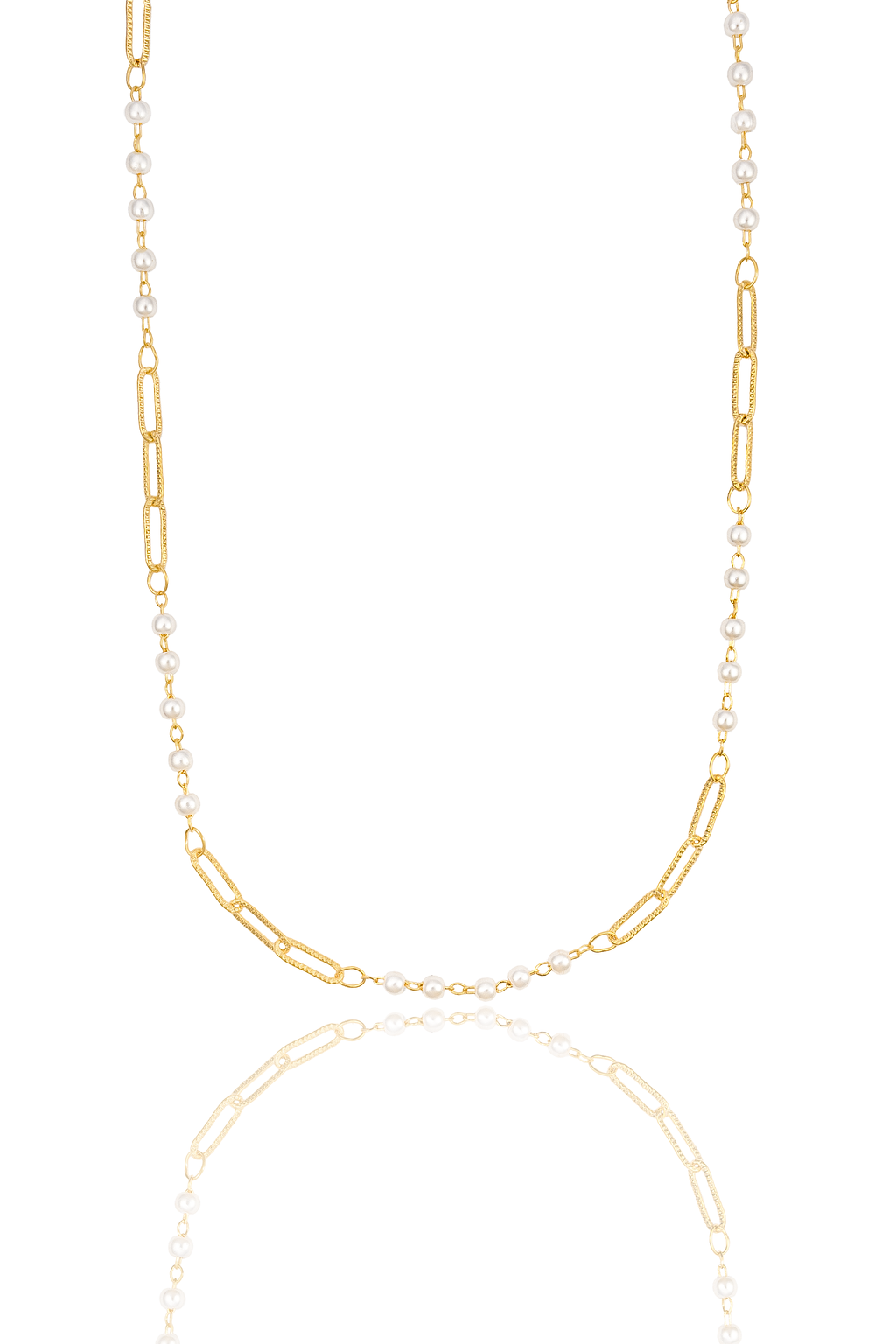 A delicate gold chain necklace combines interlocking links and small white pearls against a clean white background.