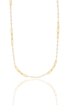 A delicate gold chain necklace combines interlocking links and small white pearls against a clean white background.